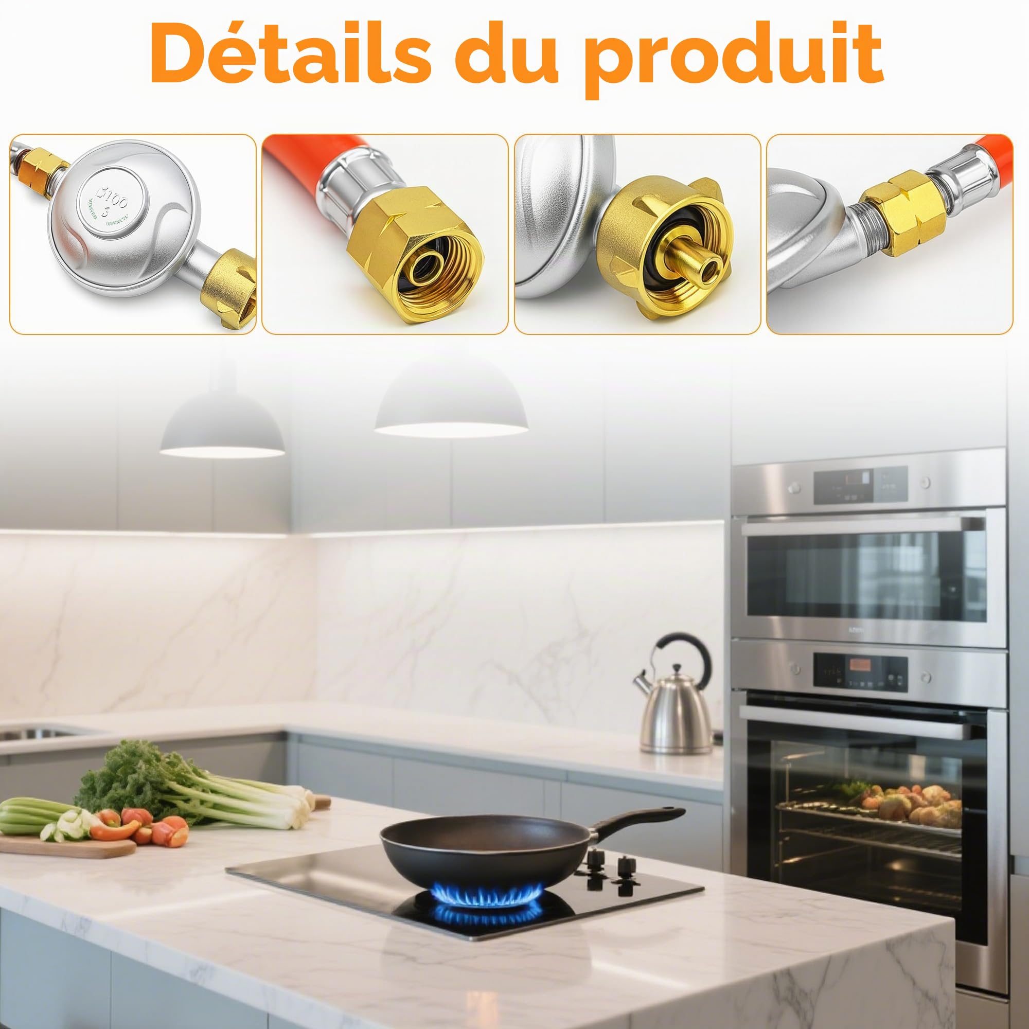 Tuyau de gaz avec réducteur de pression 50 mbar : 150 cm en alliage d'aluminium et cuivre Tuyau de gaz régulateur de pression de gaz avec raccords à vis 1/4" gauche pour barbecues à gaz, camping