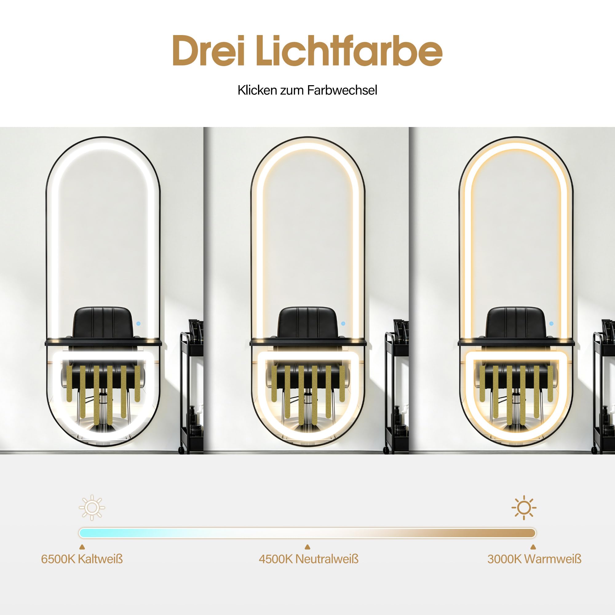 Barberpub Wandspiegel mit Beleuchtung, Ganzkörperspiegel mit Aluminiumrahmen, Spiegel Groß mit Ablage, Touch-Schalter, 3 Lichtfarben Dimmbar, Mondern für Friseursalon, 17x65x177 cm, J6257 (Schwarz)