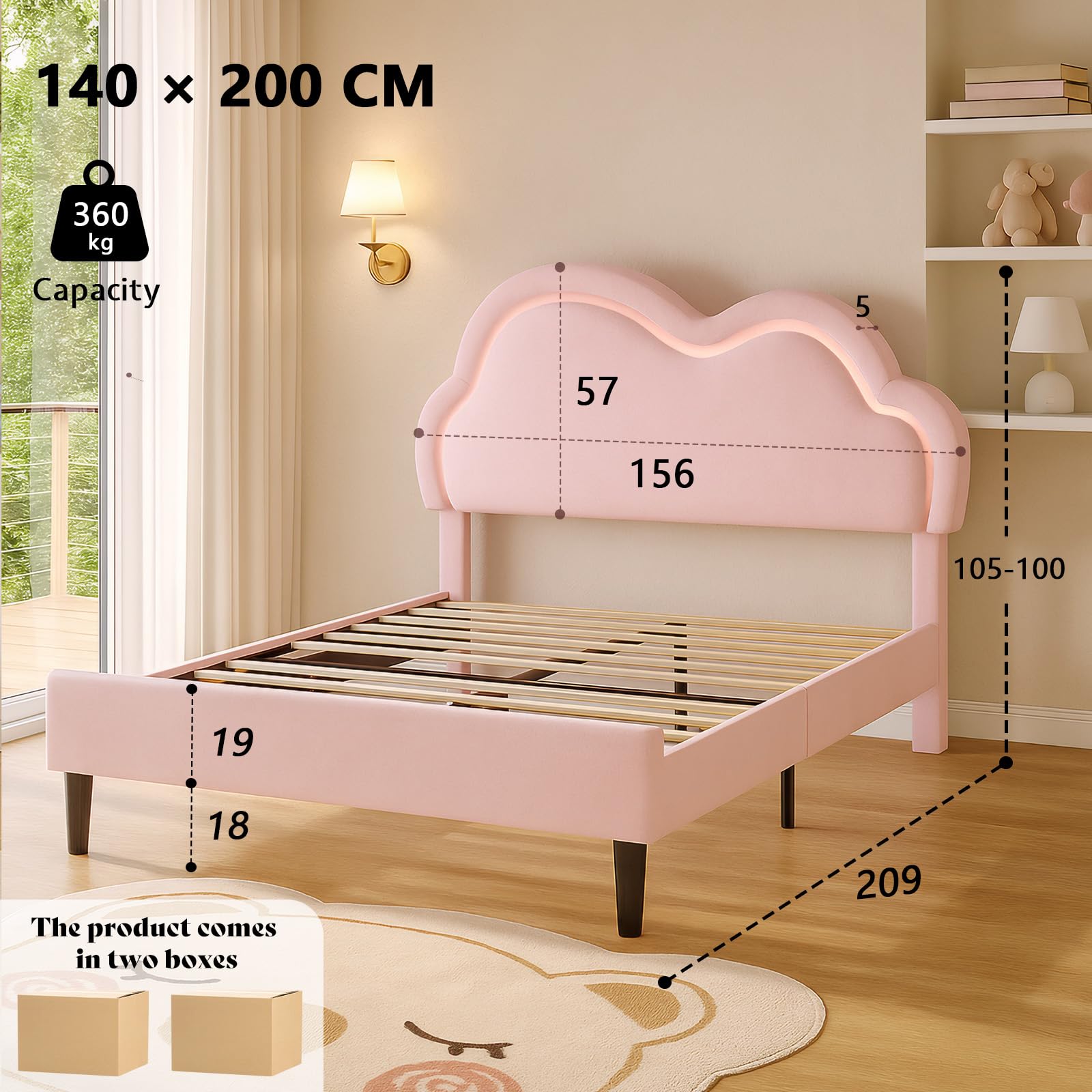 LUXOAK Cadre de lit 140 x 200 cm pour Fille, avec tête de lit en Forme de Nuage réglable, revêtement en Velours, éclairage RGB, Espace de Rangement de 18 cm sous Le lit, sans sommier, Couleur Rose.