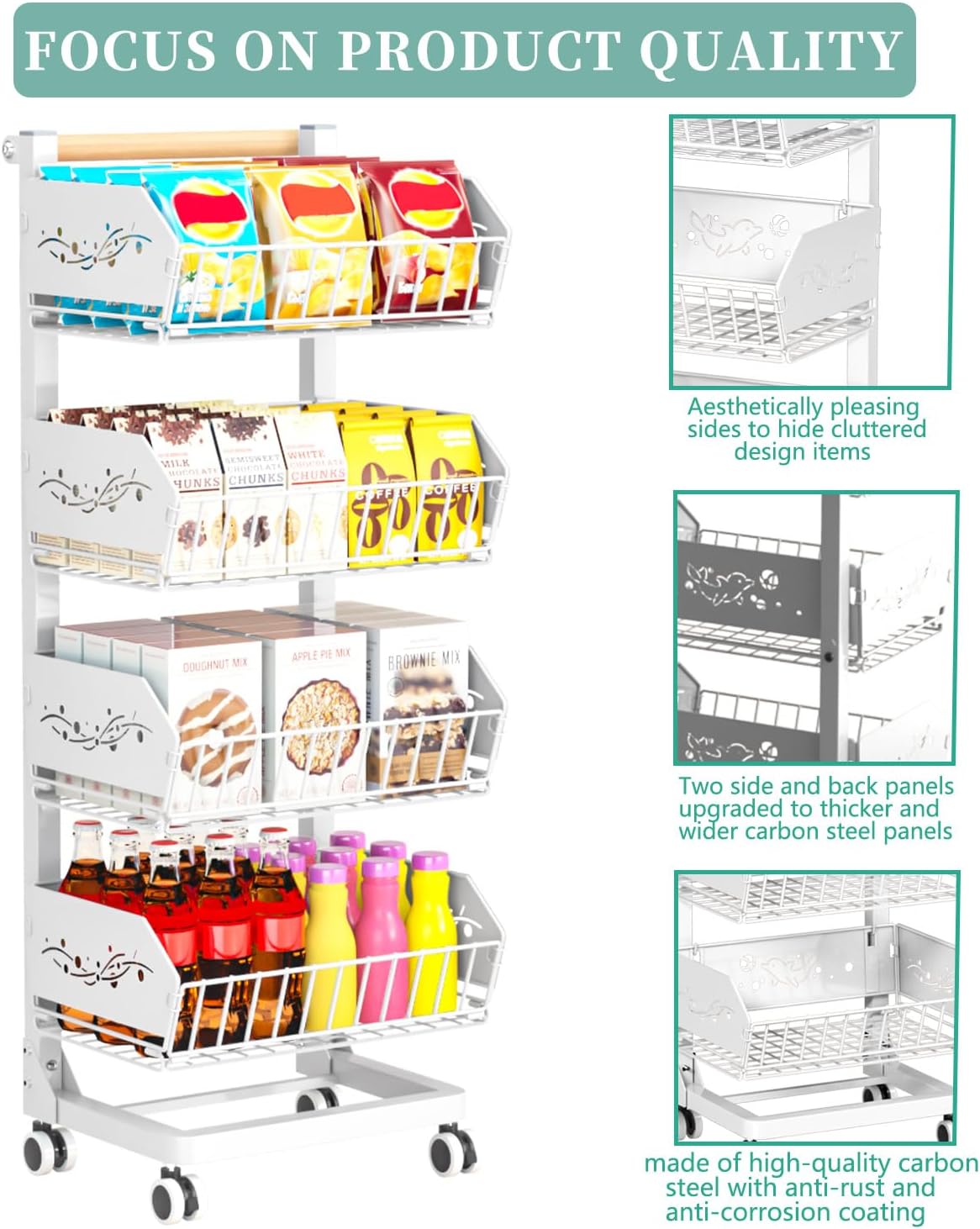 Heavy 4-Tier Snack Cart with Wheels ，Removable Rolling Pantry Floor Organizers ，Upgraded Wider and Thicker, Kitchen Fruit Basket Stand and Storage Rack for Fruit Snack Onion Potato, (Pink)