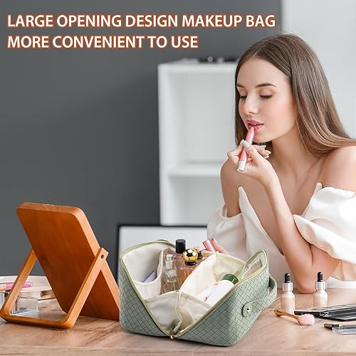 Miniatura 4 de Bolsa de cosméticos de viaje de gran capacidad, bolsa de aseo personal, bolsa de maquillaje portátil para mujer, se abre plana para un fácil acceso,