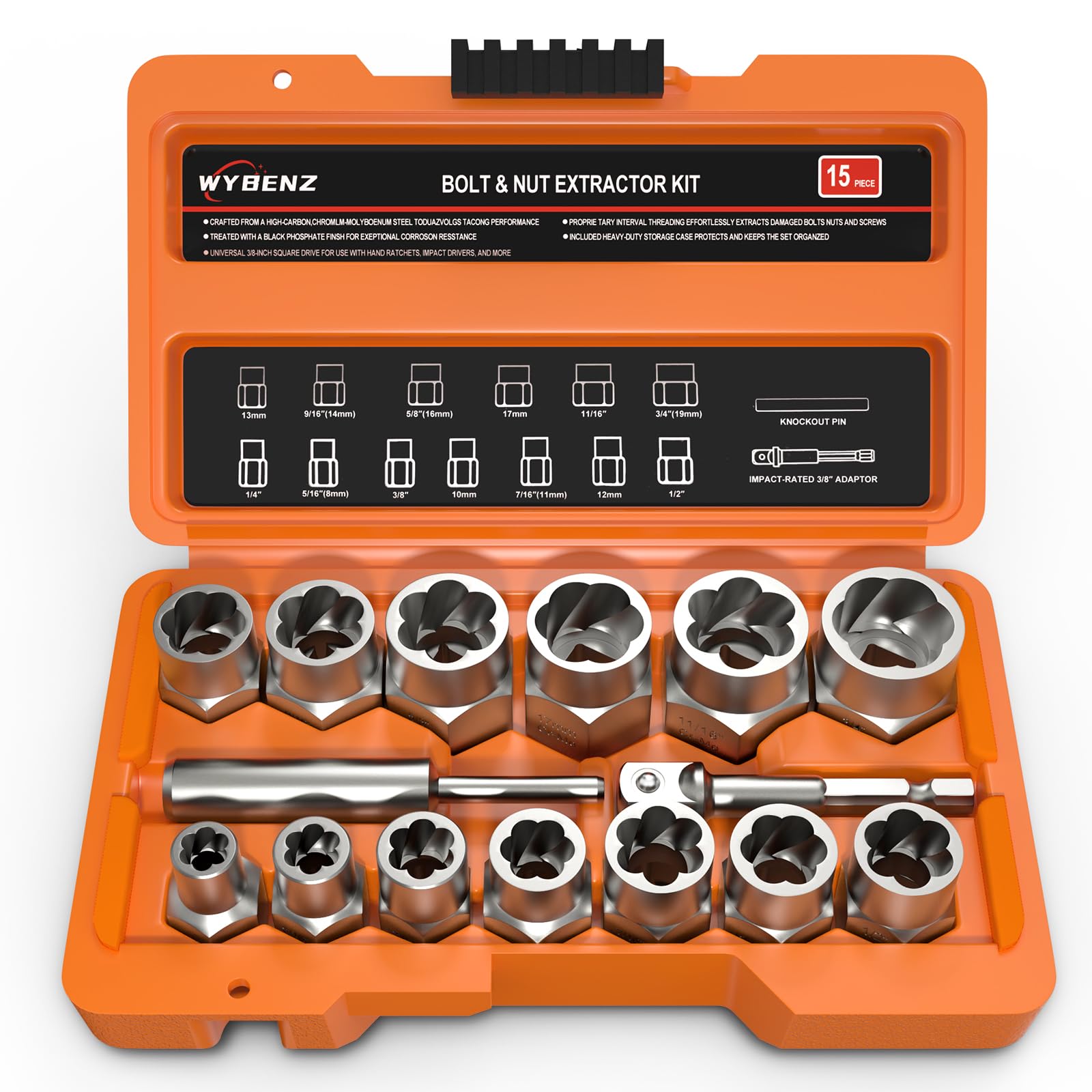 15PCS Bolt Extractor Set, 3/8" Drive Impact Bolt Lug Nut Remover Socket Kit