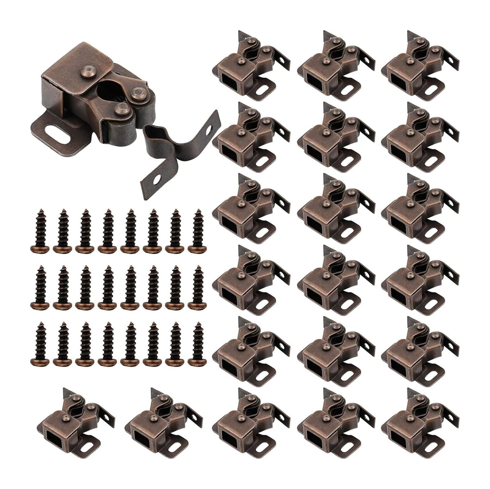 20 Pcs Cabinet Door Latch and Catch Hardware Double Roller with Spear Strike for Closet Doors Kitchen (Brown Antique for Furniture