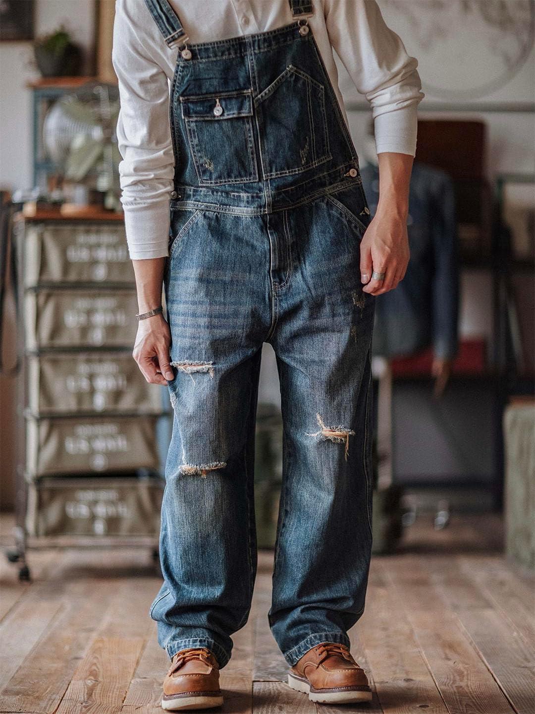 MADEPANTS Men's Distressed Denim Bib Overalls with Hammer Loops