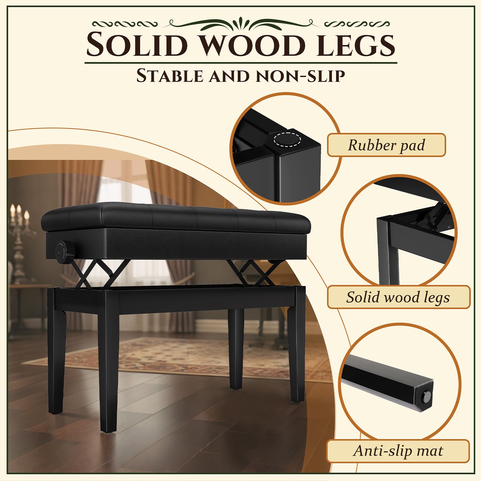Clevich Sgabello per pianoforte, regolabile in altezza, 48 – 58 cm, con vano portaoggetti, panca per pianoforte con cuscino in pelle PU, sedia per pianoforte, resistente, portata fino a 200 kg, nero