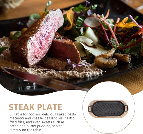 Miniatura 4 de Plato Sizzling con base de madera - Plato de carne de hierro fundido pre-sazonado sartén de fajita de hierro fundido chisporroteante sartén de