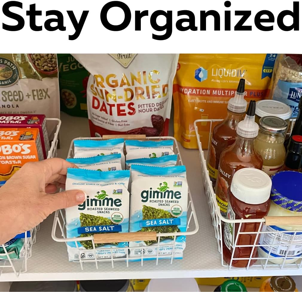 Evelots Wire Storage Baskets with Wood Handles-Pack of 6-Kitchen Cabinet, Pantry Shelf Organization, or Bathroom Metal Basket-Refrigerator/Freezer Organizer Bins-White