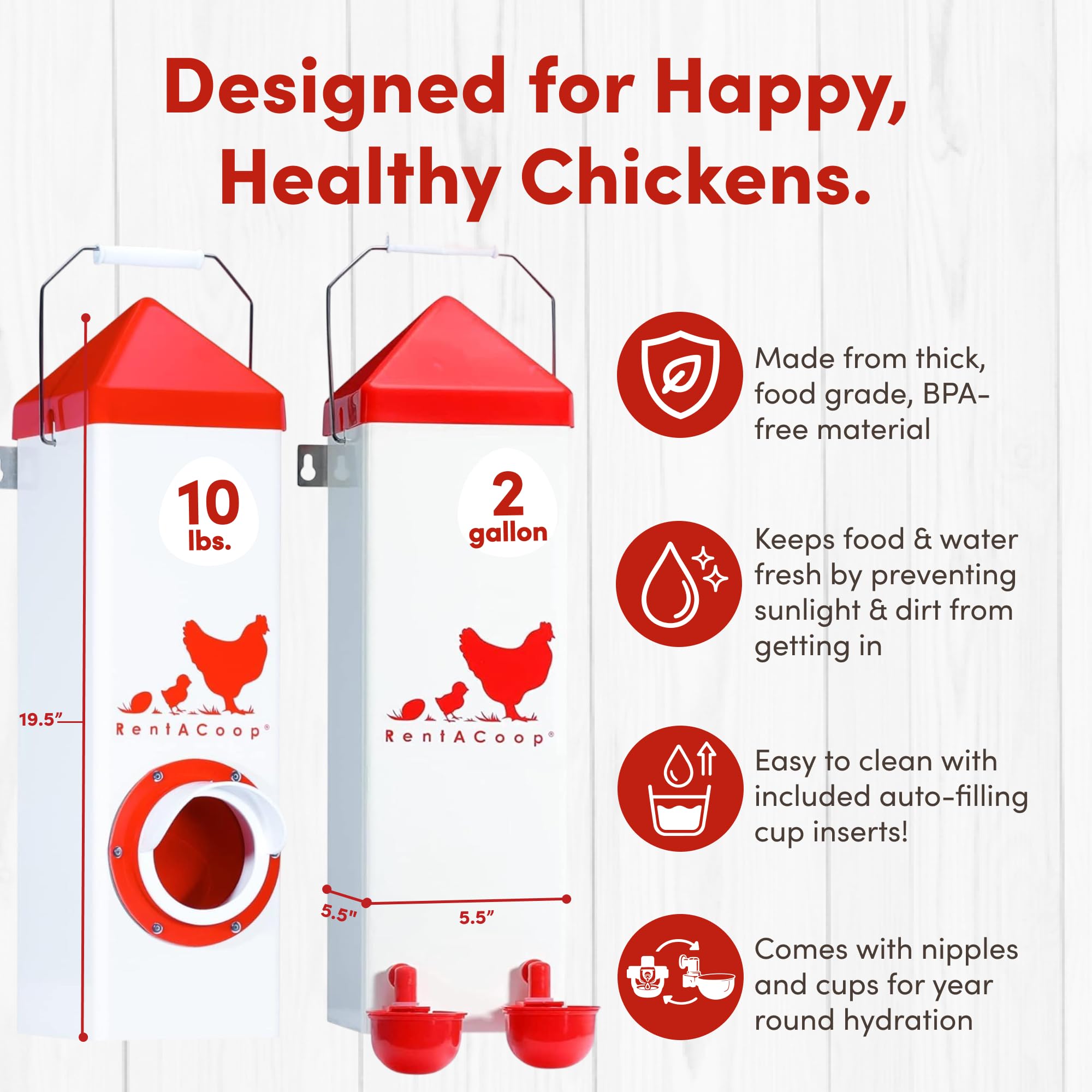RentACoop Juego de comedero y Bebedero de Pollo de Gran Altura, comedero de 10 Libras y Bebedero de 2 galones (7.6 L), comedero de Puerto sin residuos, Tazas de llenado automático, pezones sin Fugas