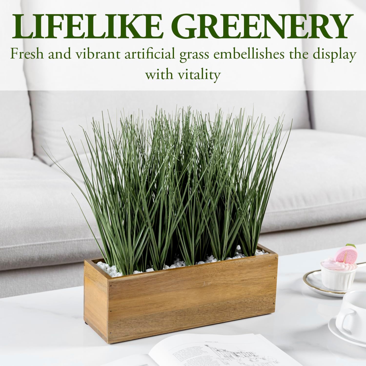 MyGift Artificial Grass Plants in Premium Acacia Solid Wood Planter Box, 12 Inch Decorative Wooden Container with Faux Greenery Plant, Indoor Table Decor