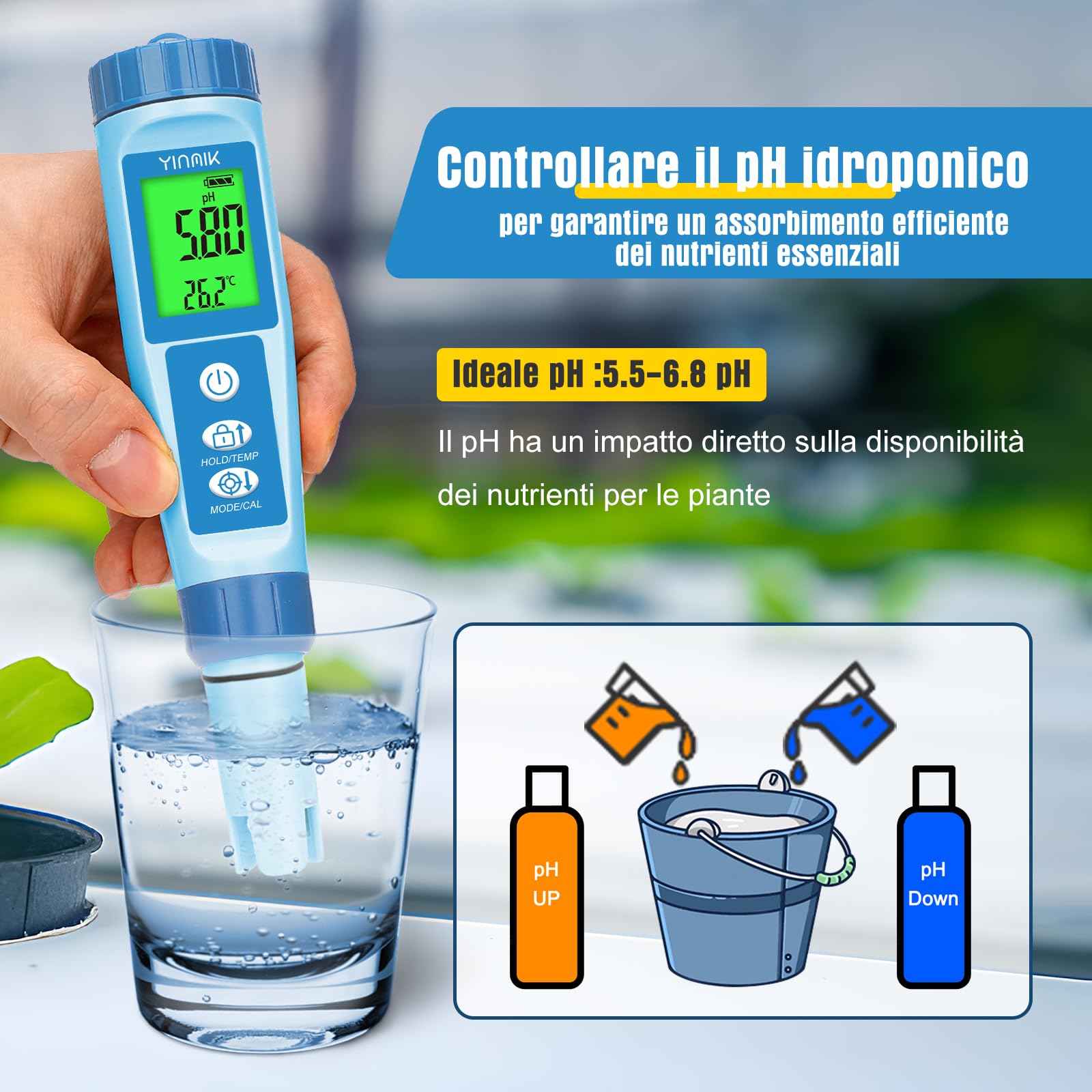 YINMIK Misuratore di pH Digitale, Tester pH 4 in 1 per Acqua Idroponica, Tester TDS EC PPM per Nutrienti Vegetali, Misuratore di Conducibilità pH a Penna per Acqua Potabile, DWC, Piante da Interno