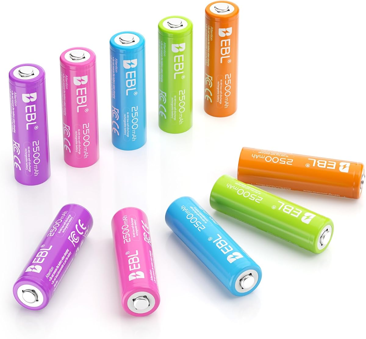 Batería recargable AA, paquete de 10 baterías recargables precargadas Ni-MH doble A de 2500 mAh (paquete de 10, 5 colores en una caja)