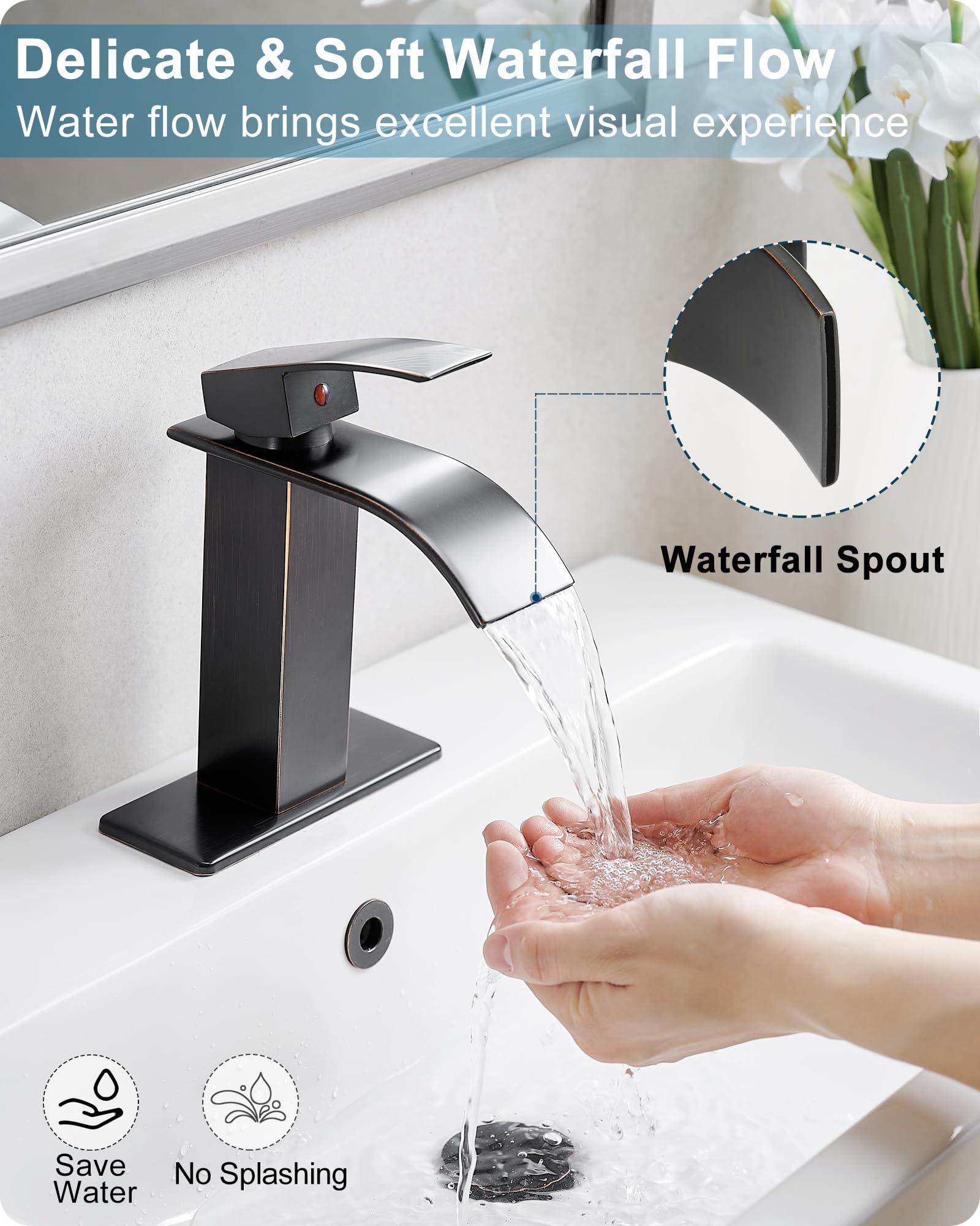 Waterfall Bathroom Faucet Oil Rubbed Bronze Brass 4 Ins Bathroom Faucets One Hole or 3 Hole Single Handle — view 2