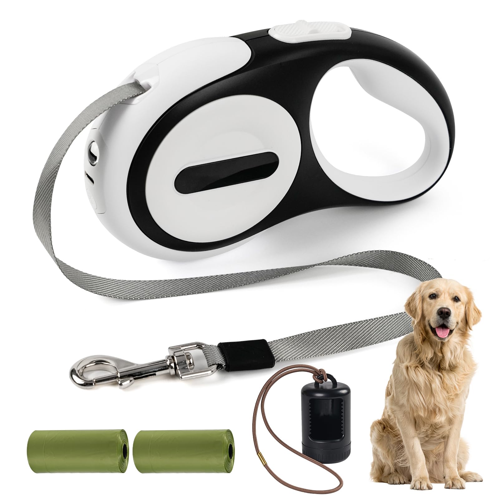 Heavy Duty Retractable Dog Leash for Large Dogs, 16ft Dog Leash with Poop Bag Holder, Up to 75lbs, Chew Proof Cable, USB Rechargeable LED, 360° No-Tangle, One-Handed Pause & Lock. (White, S 16ft)