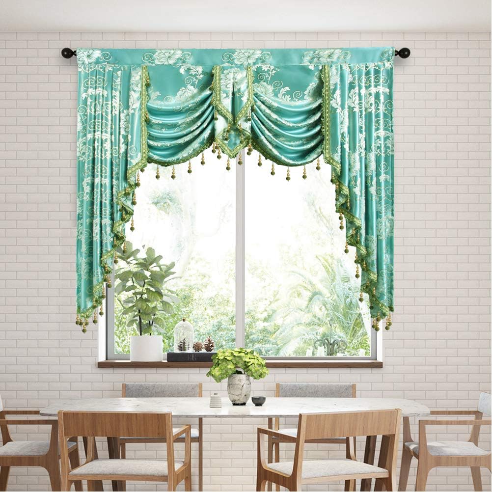 ELKCA Golden Jacquard Swag Waterfall Valance Luxury Curtain Valance for Living Room (Floral-Blue, W59 Inch, 1 Panel)