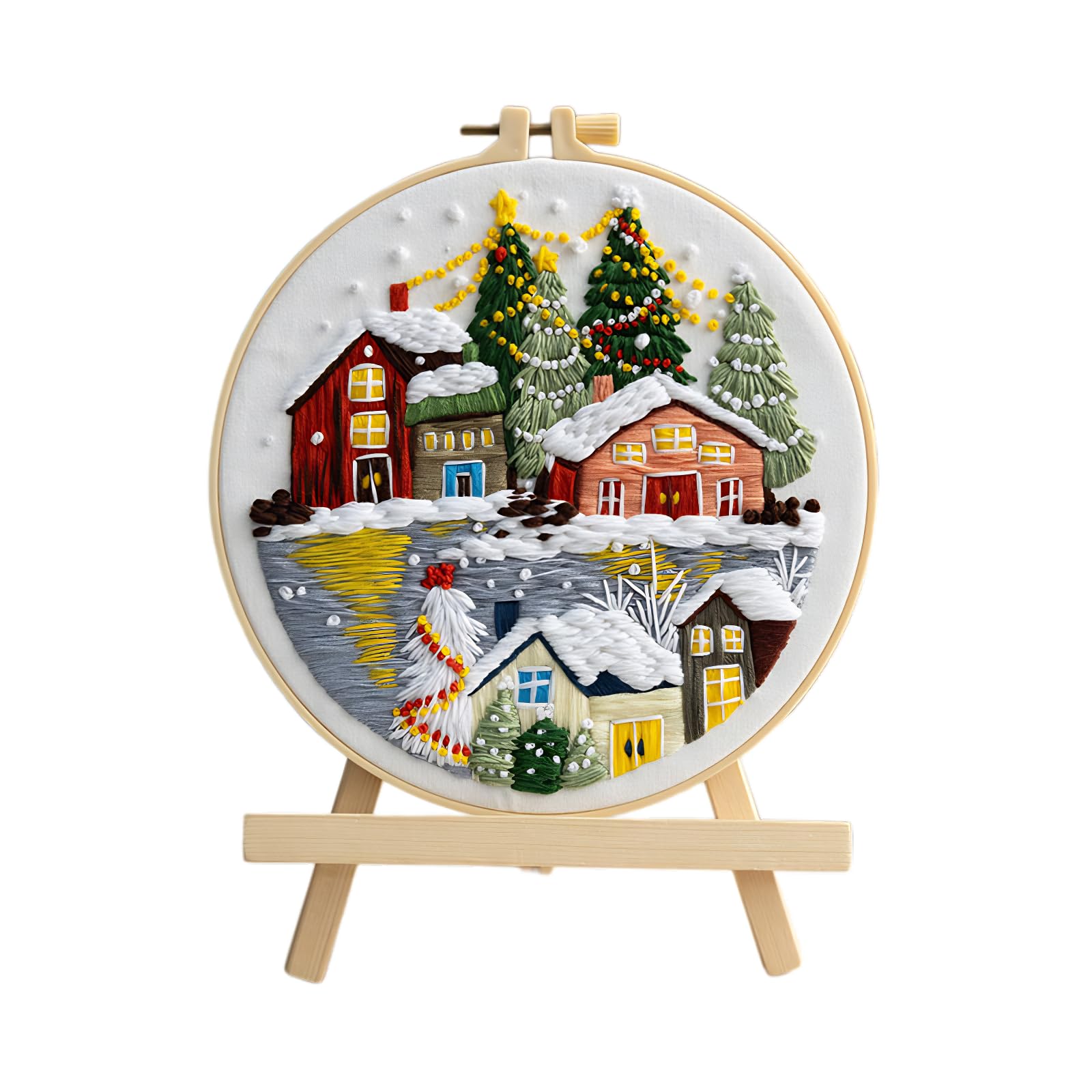 Zursuny 1PCS Christmas Embroidery Kit,Cross Stitch Kits for Beginners,Needlepoint Kits for Adults with Christmas Tree, Snow Cottage Hand Crafts,Hoop,Needle (White C)