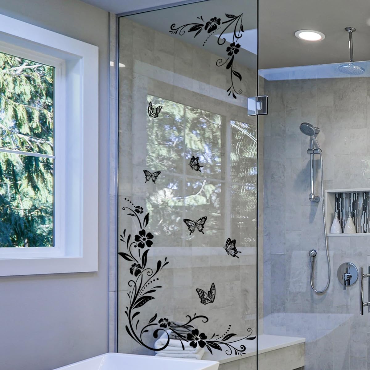 Runtoo Flower Vines Wall Stickers Black Floral Anti-Collision Window Cling Decals Butterfly Glass Door Wall Decor for Bathroom Living Room Bedroom Nursery Office Decoration - Image 2