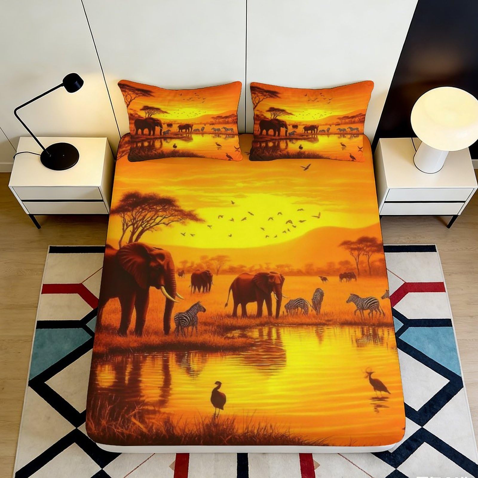 Jqzkxnhpbr Style-2 3D Printed African Sunset Fitted Sheet Microfiber Orange Elephant Savannah Mattress Cover For Bedroom Dorm Decor 90X200x25cm