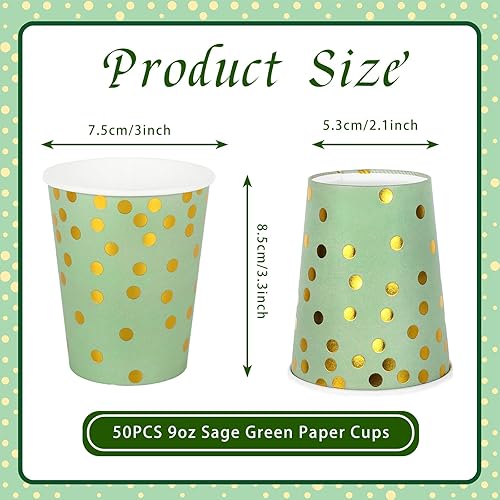 Miniatura 2 de Whaline 50 tazas de papel verde salvia con puntos de aluminio de 9 onzas desechables de oro verde tazas de café para bebidas frías y calientes,