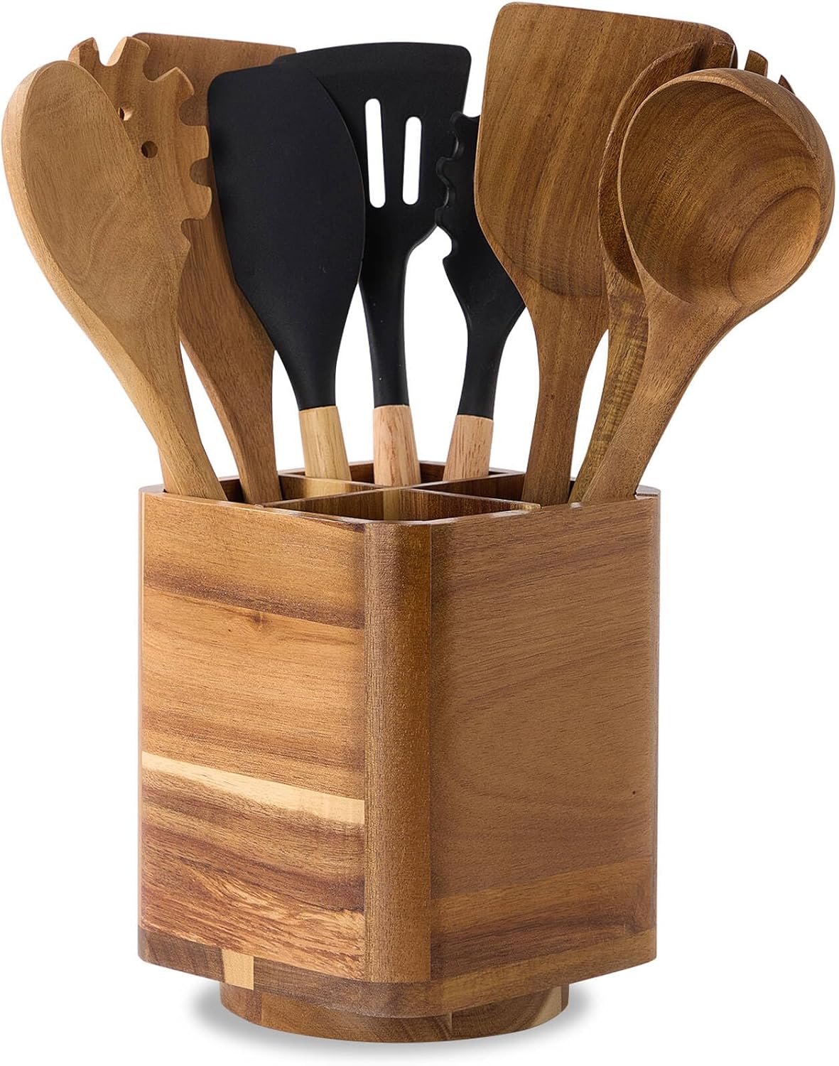 Wooden Utensil Holder for Kitchen Counter, 360  Rotating 7.2" Acacia Wood Kitchen Utensil Crock for Countertop