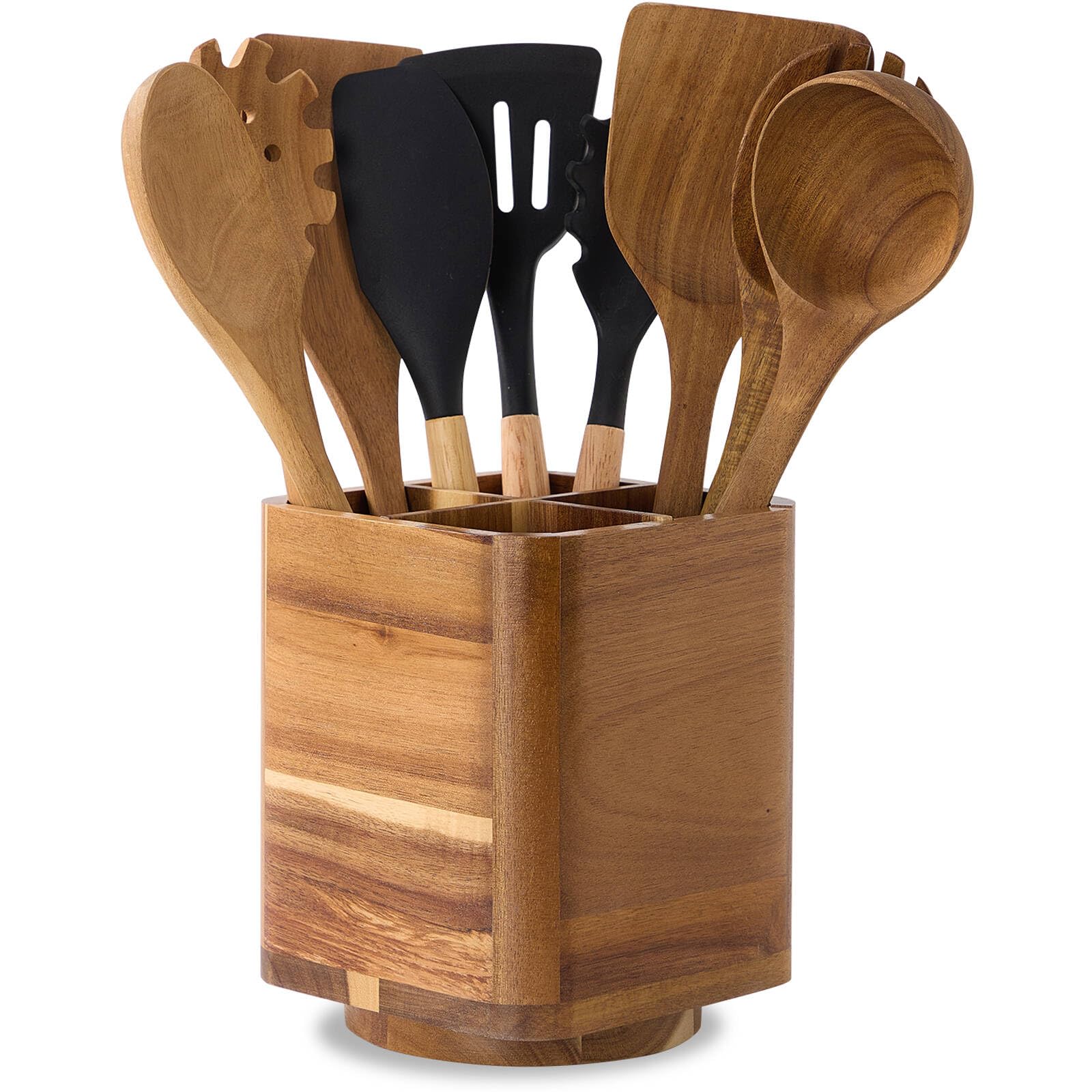 LOHONER Wood Utensil Holder for Kitchen Counter, 360° Rotating Kitchen Utensil Holder, 7.2"x 6" Large Acacia Cooking Utensil Crock for Countertop (SQUARE)