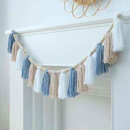 Miniatura 4 de Guirnalda de borla bohemia para colgar en la pared con cuentas de madera, guirnalda de borlas azules para baby shower, habitación de los niños,