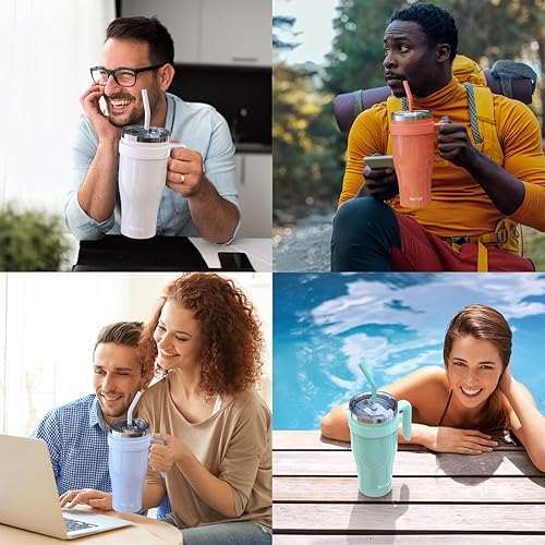 Miniatura 5 de Sursip Vaso de 40 onzas con asa, vaso de acero inoxidable al vacío de doble pared con popote y 2 tapas, mantiene las bebidas frías hasta 24 horas, a