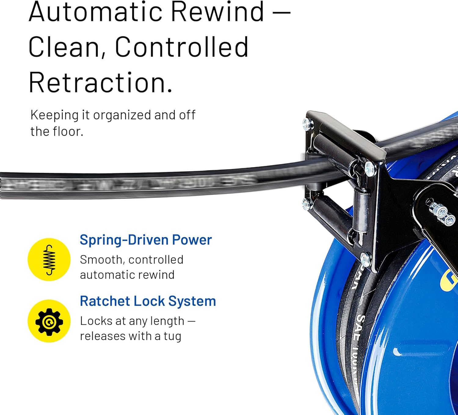 Goodyear Oil Hose Reel Retractable 1/2" Inch x 50' Foot Long Premium Commercial SAE 100R1AT Hose Max 2320 Psi Steel Construction Elite Heavy Duty Industrial Spring Driven Dual Arm and Pedestal