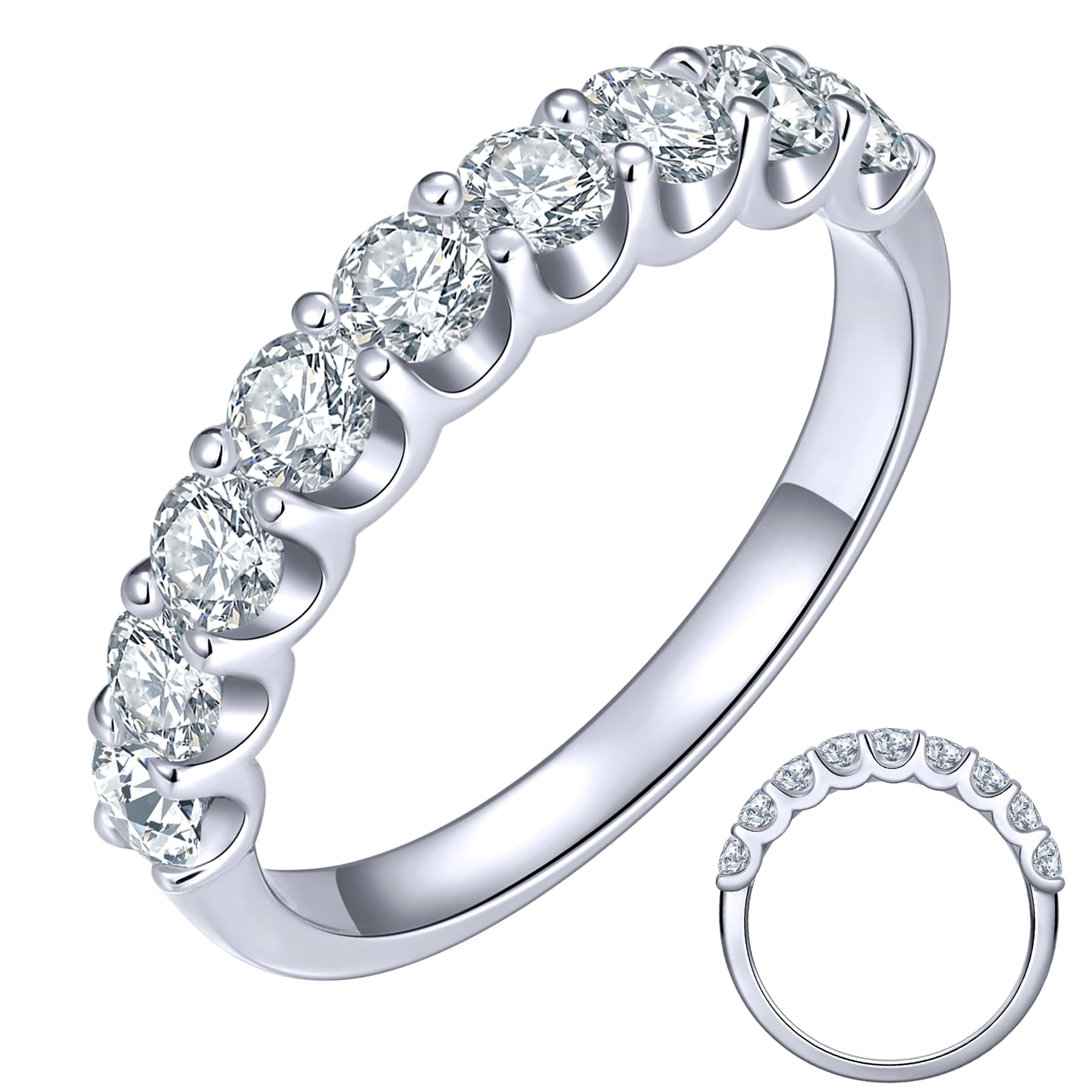 KSTYLE 3.0mm 9 Stones Moissanite Wedding Band for Women |D Color-VVS1| Anniversary Ring 18K White Gold Plated S925 Sterling Silver Ring Moissanite