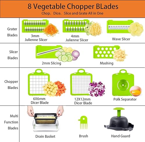 Miniatura 2 de Cortador de verduras, multifuncional 13 en 1 rebanador de alimentos para cocina. Cortador de verduras con 8 cuchillas y recipiente para ensalada,