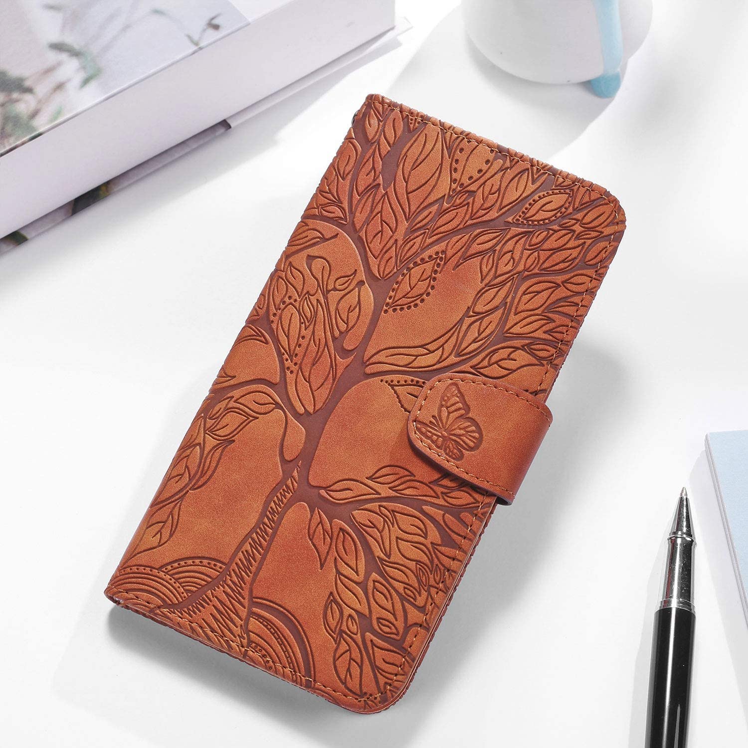 Tiyoo Flip Phone Case For IPhone X/XS,Shockproof Leather Wallet Case With The Tree Of Life Pattern,Protective Phone Cover With Card Holder And Magnetic Closure,Premium Phone Cover For IPhone X/XS,Pink