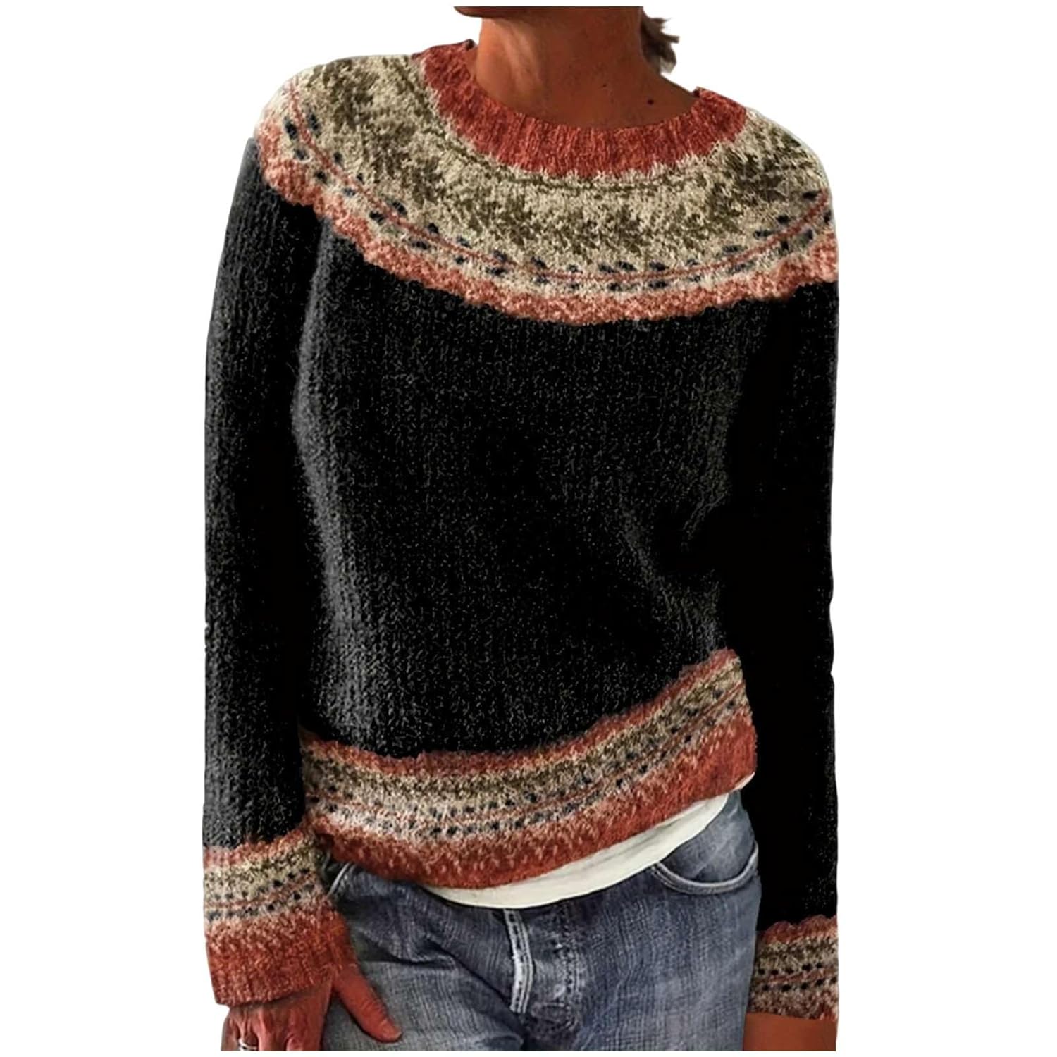 Womens Fair Isle Oversized Sweater Lightweight Knitted Crewneck Long Sleeve Pullover Fashion Tops for Fall Winter