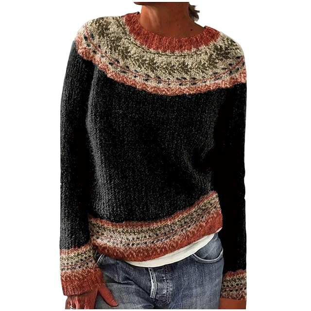 Womens Fair Isle Oversized Sweater Lightweight Knitted Crewneck Long Sleeve Pullover Fashion Tops for Fall Winter