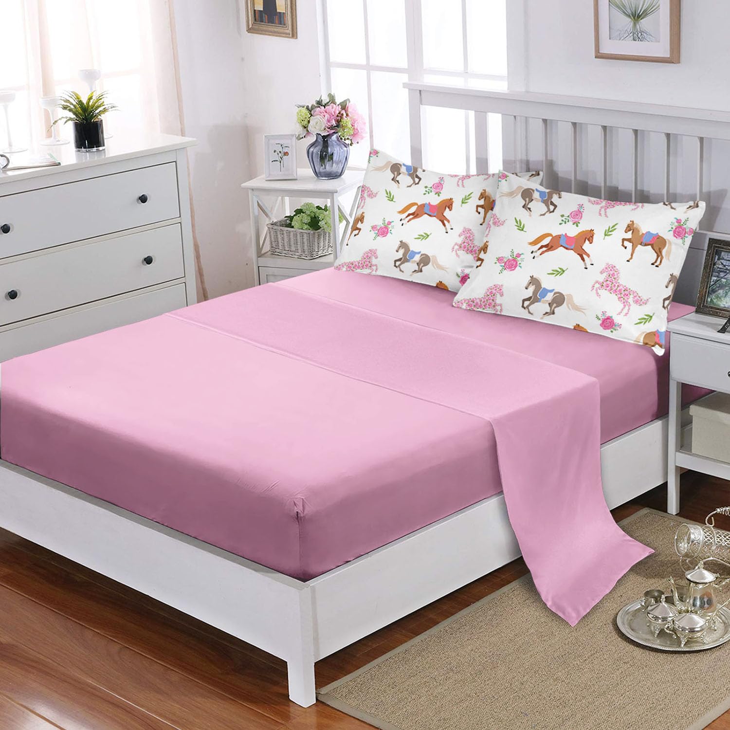 HOSIMA Juego de edredón de 7 piezas con sábanas de princesa, juego de ropa de cama de caballo rosa Kawaii para decoración estética de habitación para niñas y adolescentes, cama colorida en una bolsa
