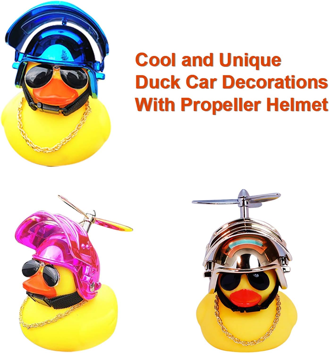 wonuu Duck Car Dashboard Decorations 3pack Rubber Duck for Car Car Accessories Rubber Duck with Thruster Helmet Sunglasses, and Gold Chain Cool Ornaments