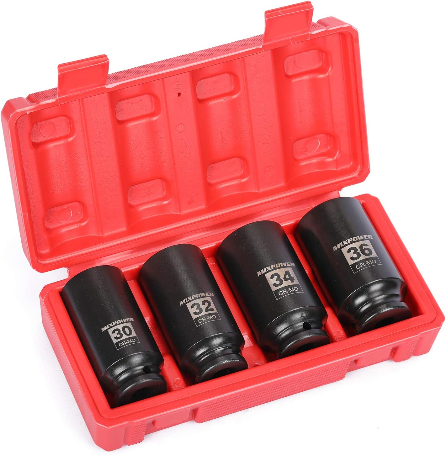 MIXPOWER 4-Piece 1/2-Inch Drive Deep Impact Socket Set,12 Point, Metric, CR-MO, 30,32,34,36mm, Spindle Axle Nut Impact Socket Set