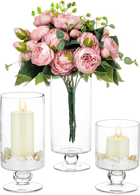 Nuptio 3 Pcs/Set Large Glass Vase Glass Candle Holder, Hurricane Candle Holder for Pillar Candles Tall Glass Vases for Centerpieces, Glass Flower Vases for Home Christmas Party Wedding Table Decor