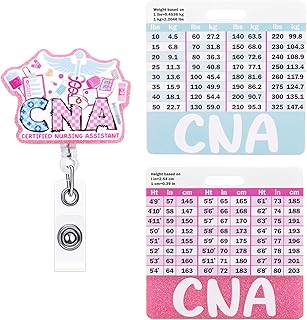 2Pcs Set of CNA Badge Reel with Badge Buddy, Pink Retractable ID Badge-Holder for Certified Nursing Assistant with Height and Weight Conversion Charts, Nurse Gifts & Nursing Staff Accessories