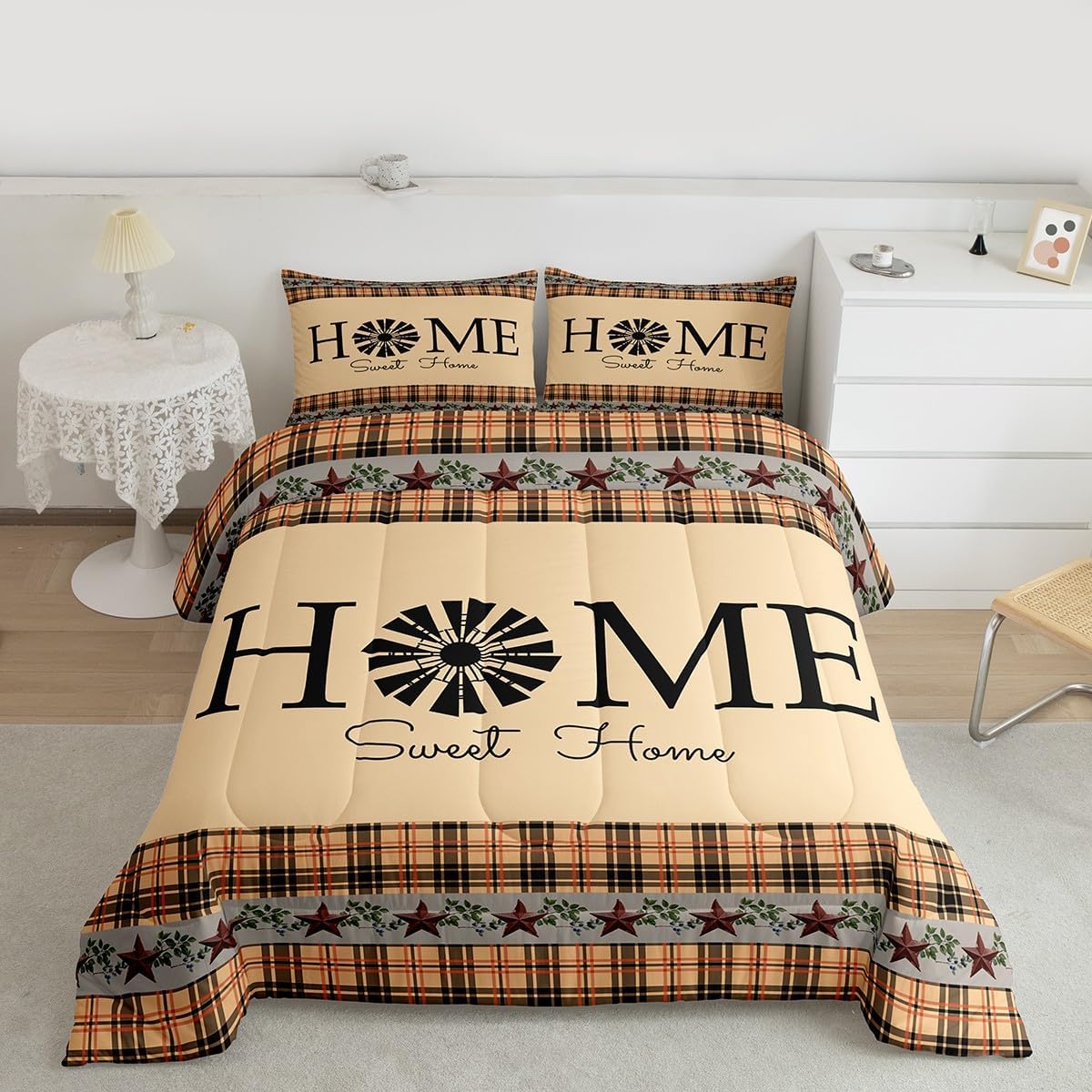 Erosebridal Primitive Country Farmhouse Bedding Set,Windmill Decor Comforter Set Queen Tan Khaki Black Plaid Bedding Comforter Sets Western Vintage Quilt Rustic Farmhouse Bedroom Decor,2 Pillow Cases