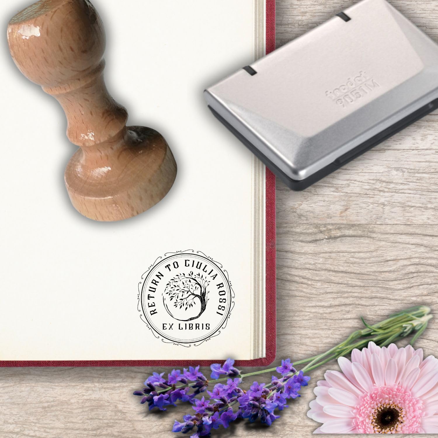 Ex Libris Personalizzabile Timbro Personalizzato in Legno Albero della Vita Idea Regalo con Scatola e Nastro 6 Grafiche Inchiostro Nero