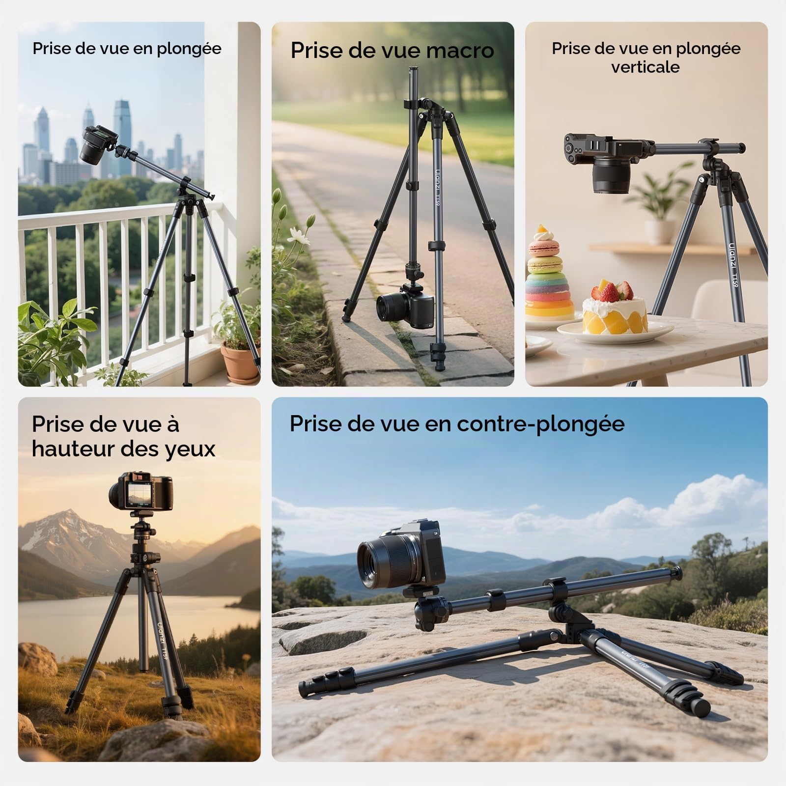ULANZI TT59 175cm Trépied Appareil Photo avec Colonne Centrale Rotative à 360 degrés et Rotule, Trépied Horizontal Pliable en Aluminium pour DSLR Caméscope Smartphones (Poids 1,25 kg, Charge 10 kg)