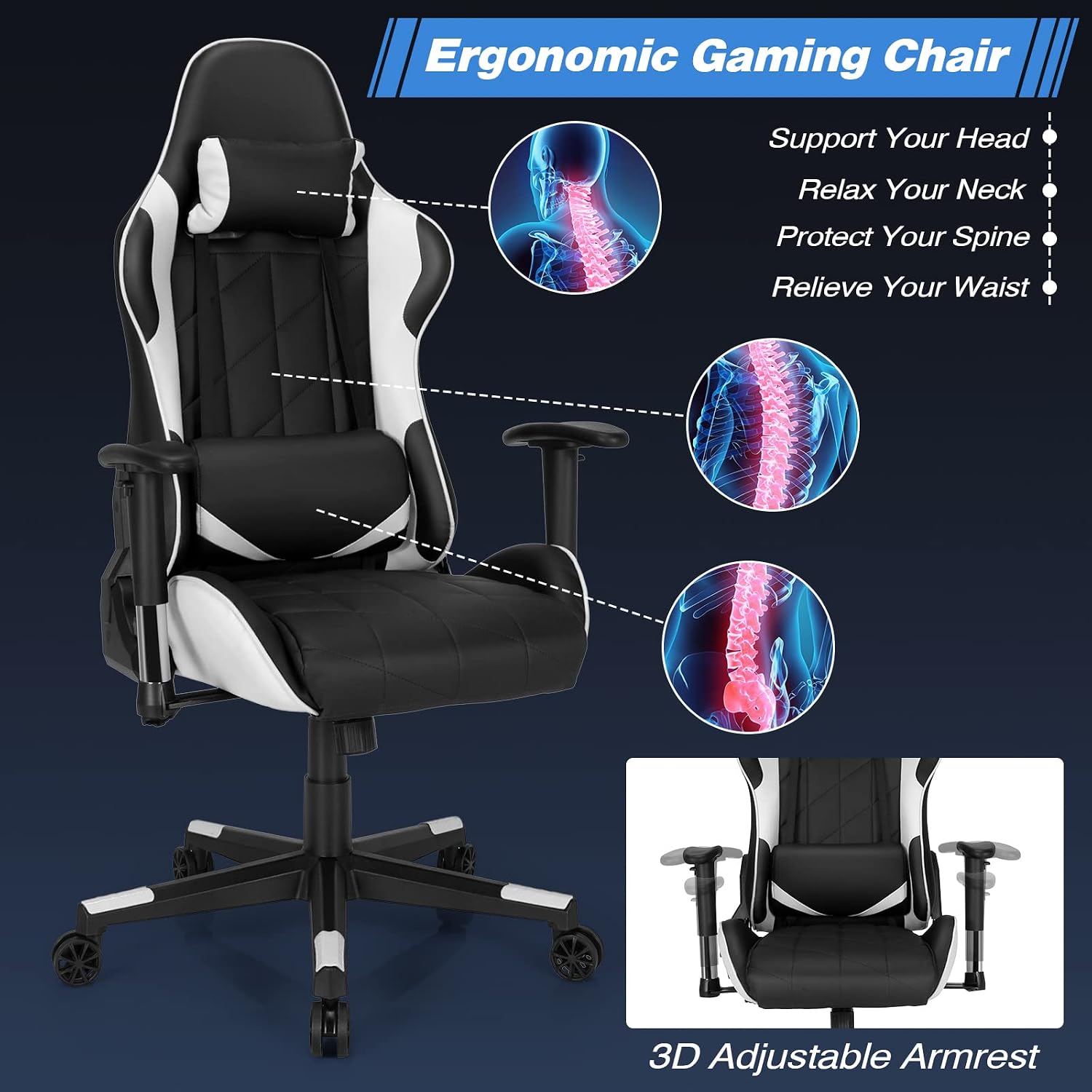 Gaming Chair, Ergonomic Swivel Chair with Headrest, Headrest & 90°-160° Tilting Backrest, Racing Style Computer Chair for Gaming, Home, Office (White)