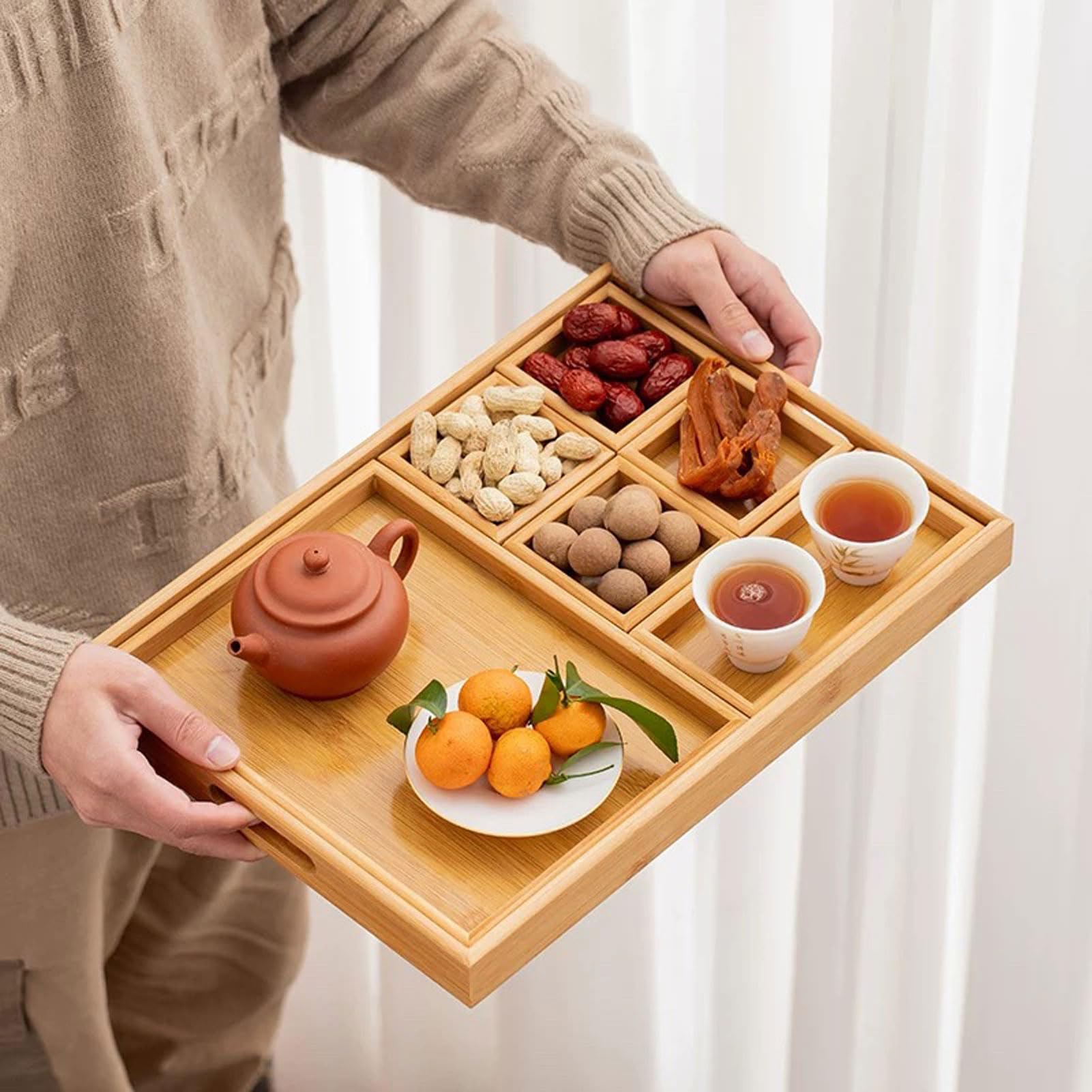HUHJYUGE Plateau de Service en Bambou, Plateau À Collations en Bambou avec Compartiments, pour Fruits Secs, Bonbons, Noix, Desserts, Maison Ou Table À Thé (39x28x3.5cm)