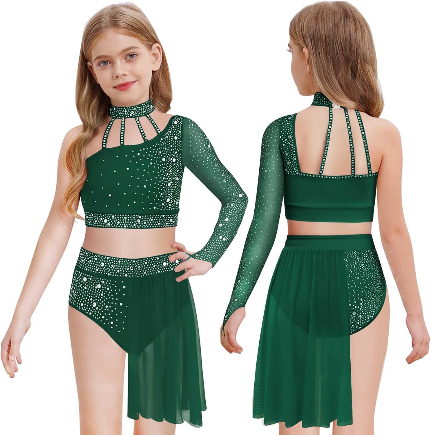 DINORMIN Kids Girls Lyrical Dance Outfit Ballroom Costume Two Pieces Ballet Gymnastics Leotard Sequin Dancewear
