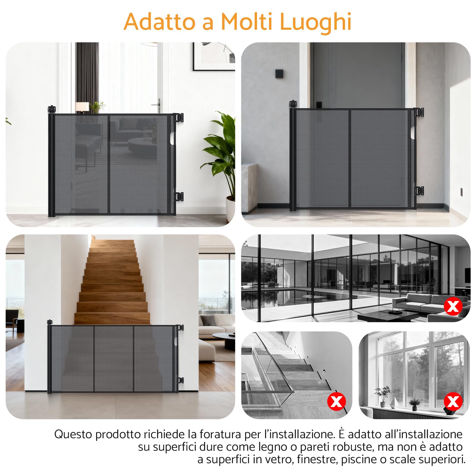 Cancelletto di Sicurezza Estensibile per Bambini e Animali Domestici 0-140cm, Barriera Retrattile con Rinforzo in Fibra di Vetro e Blocco a Pomello, per Scale, Interno ed Esterno, Nero