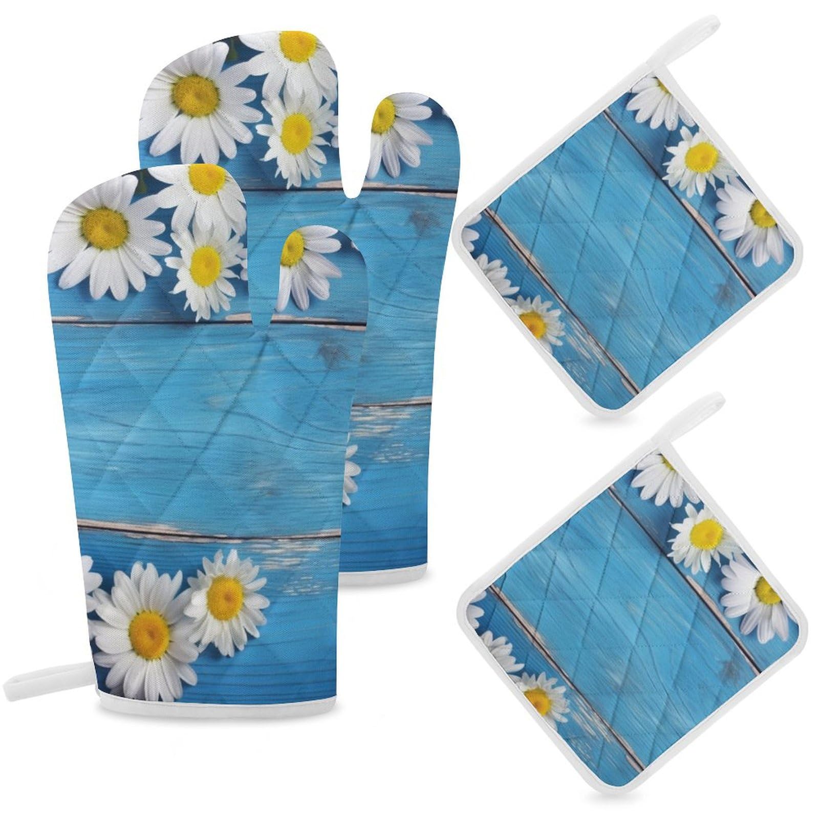 Lot de 4 maniques de cuisine en bois résistant à la chaleur avec coussinets chauds à suspendre Motif marguerites Bleu