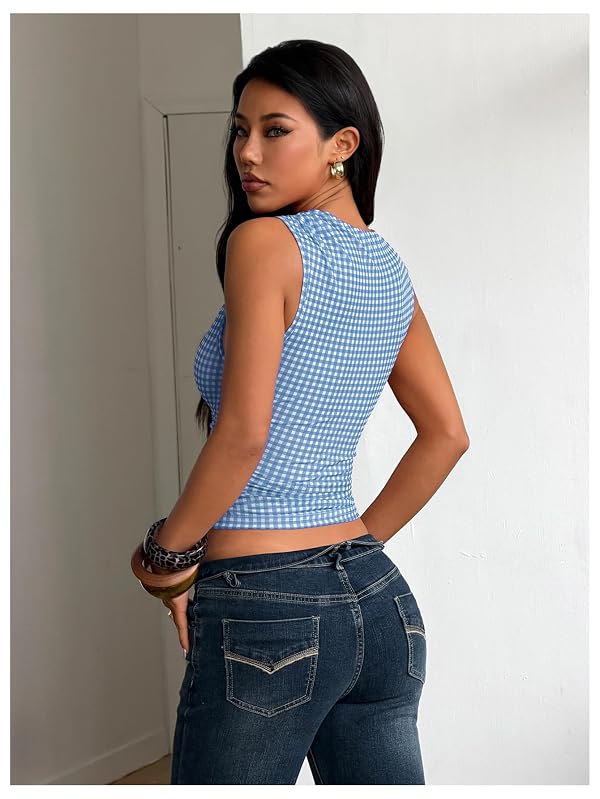 Milumia Women's Gingham Top Sleeveless Ruched Fitted Tank Tops Going Out Y2k Coquette Clothes Blue and White Large by Milumia - Used condition - Image 2