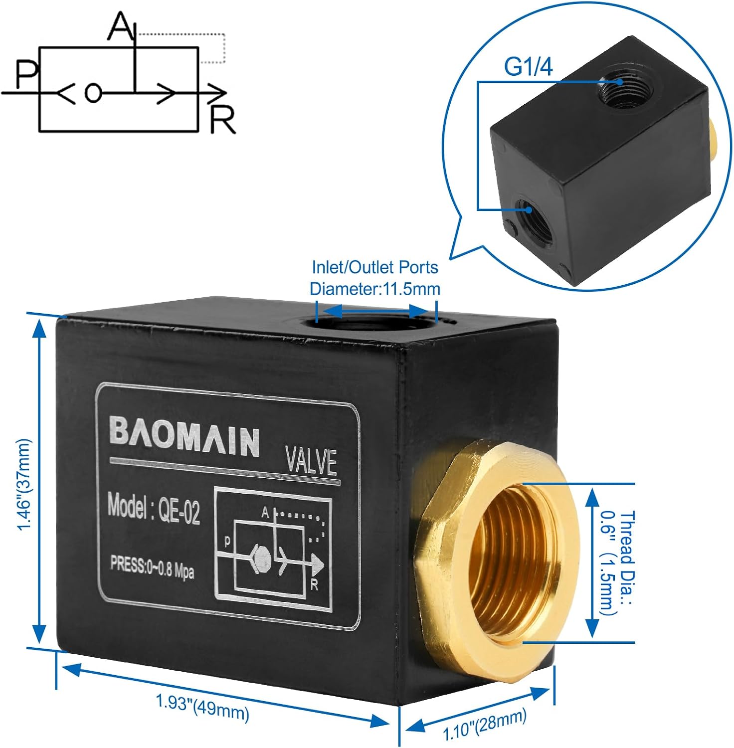 Baomain Pneumatic One Way Quick Exhaust Valve QE-02 1/4PT Inlet Port
