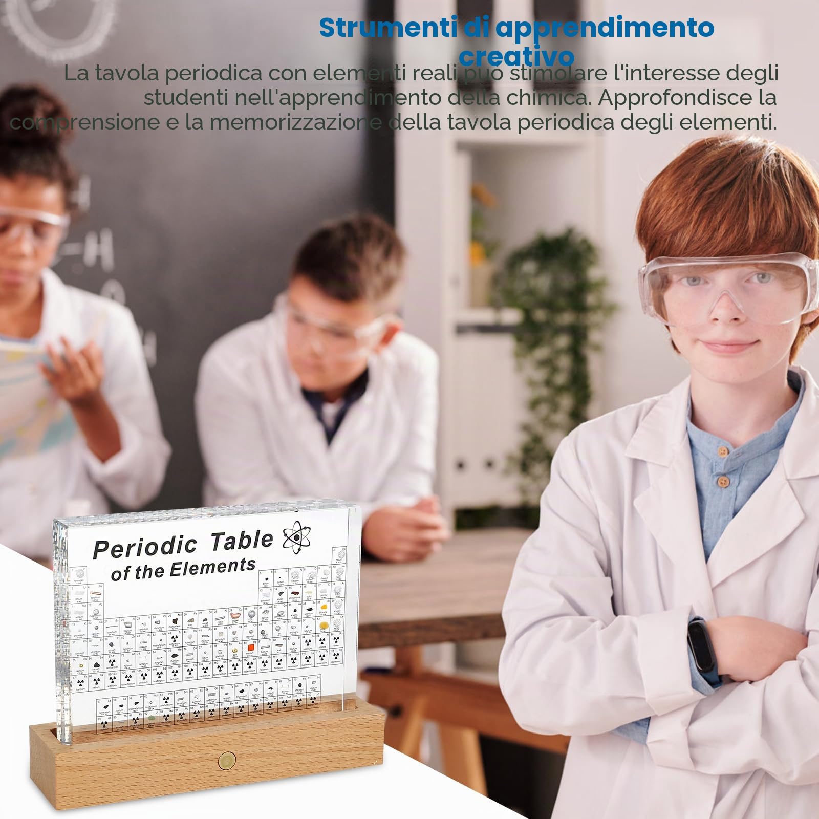 MENAYODA Ampia tavola periodica con veri campioni di elementi all'interno, tavolo periodico acrilico di 83 elementi, visualizzazione della tavola periodica per studenti, insegnanti, bambini, regali,