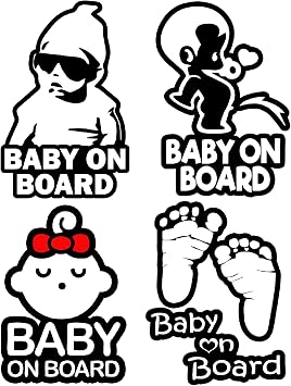 TOTOMO 4pc Baby on Board Sticker Set for Cars Funny Cute Safety Caution Decal Sign for Car Window and Bumper No Need for Magnet or Suction Cup