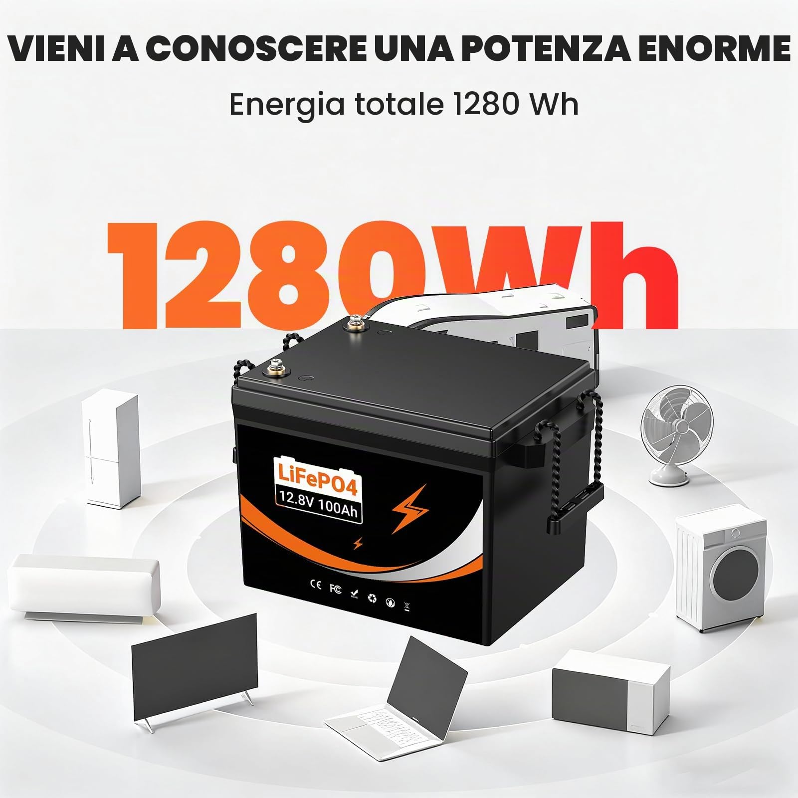 Lifepo4 batteria 12V 100AH, batteria al litio ferro fosfato, 5000 cicli di vita, Perfetta per RV, Motore Elettrico, Energetico Domestico e Off Grid